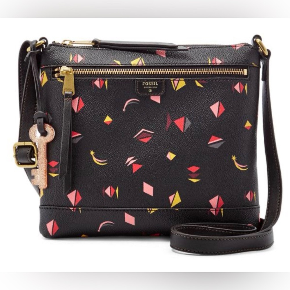 Fossil Key Bag Black Crossbody Handbag with Colorful Geometric Print